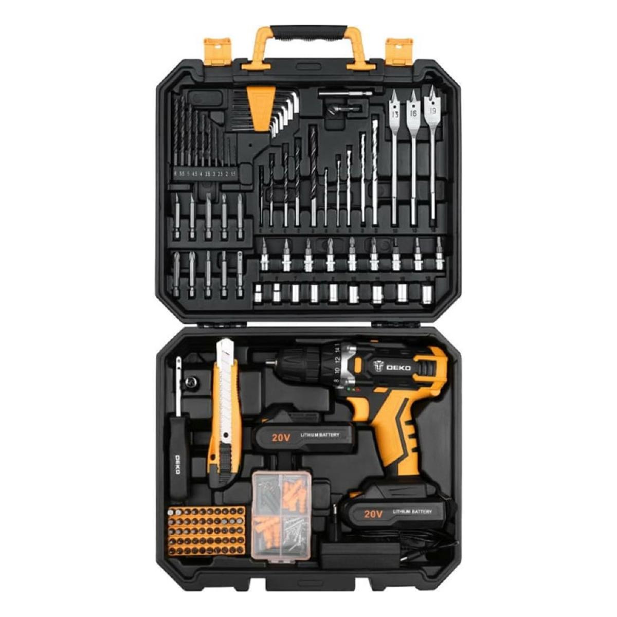 Аккумуляторная дрель-шуруповерт DEKO DKCD20FU-Li в кейсе + 193 аксессуара, 42 Нм, 20В, 2х2.0 А*ч, з/у