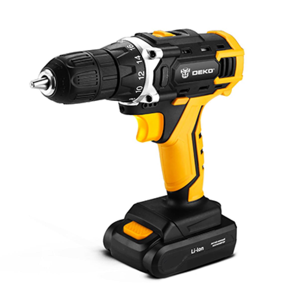 Аккумуляторная дрель DEKO DKCD16FU-Li 1.5Ahx2 c набором инструментов в кейсе (63 предмета)