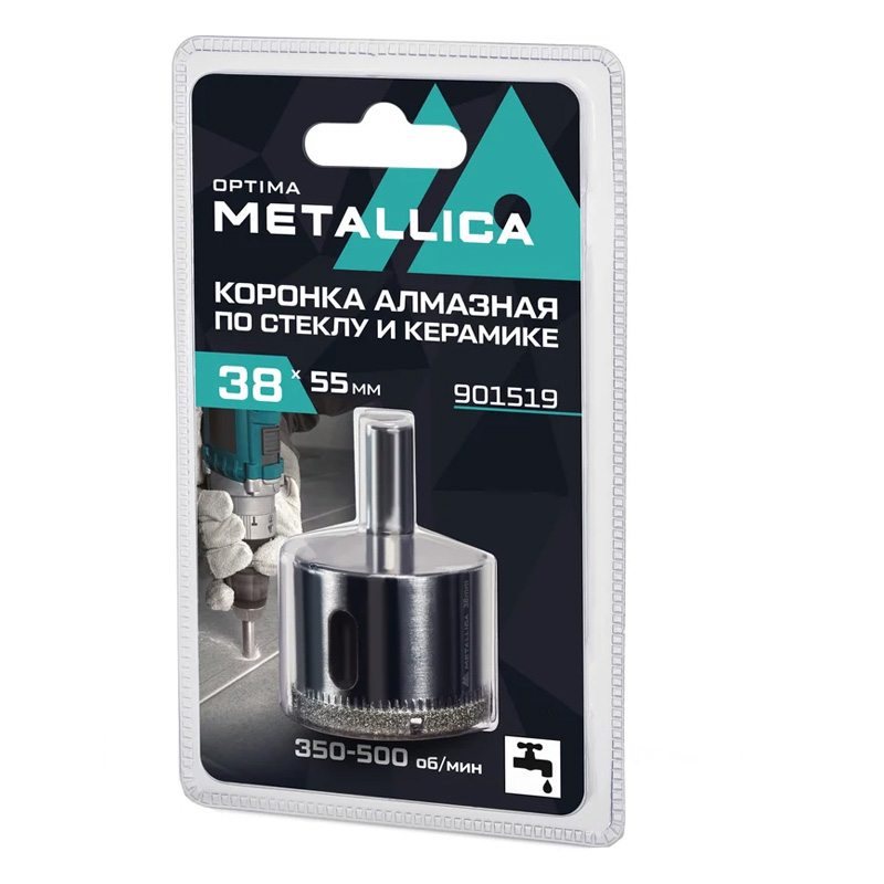 Коронка алмазная METALLICA Optima 38x55 мм, #80, по стеклу, плитке, 1 шт, в блистере. Коронка алмазная METALLICA Optima 38x55 мм, #80, по стеклу, плитке, 1 шт, в блистере.