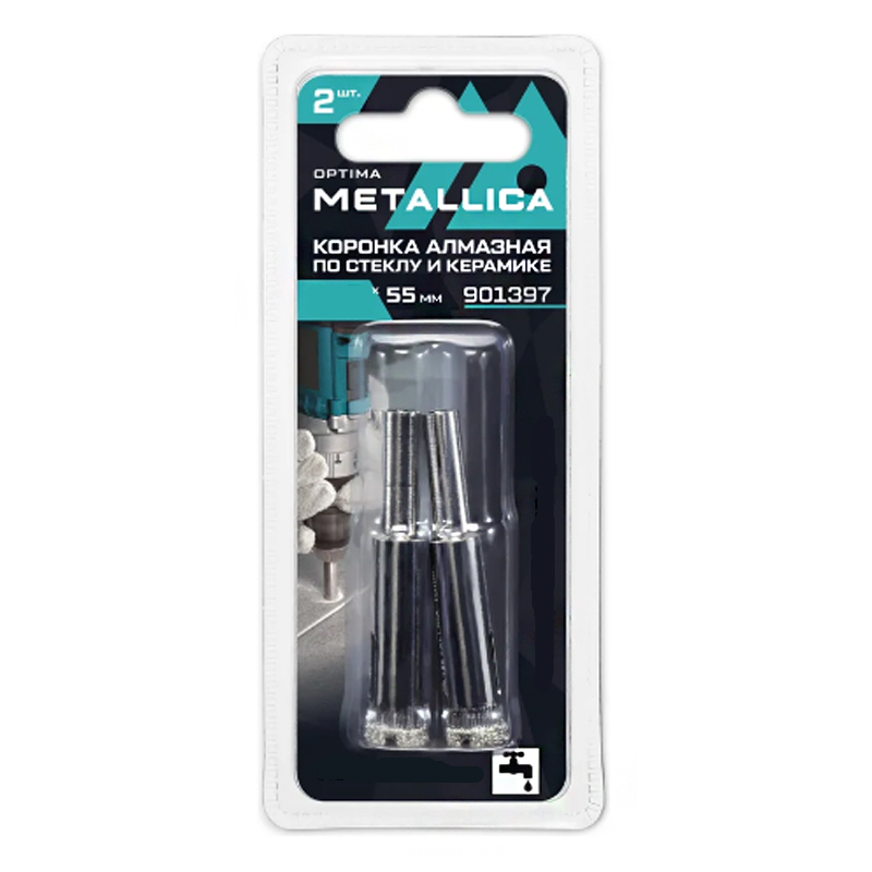 Коронки алмазные METALLICA Optima 10x55 мм, #80, по стеклу, плитке, 2 шт, в блистере