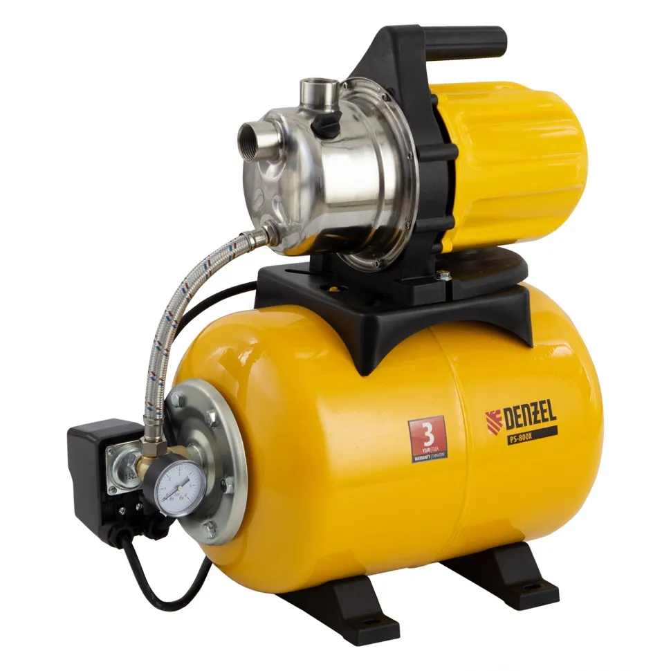Насосная станция Denzel PS800X, 800 Вт, 3200 л/ч, ресивер 24 л, подъем 38 м, нержавейка