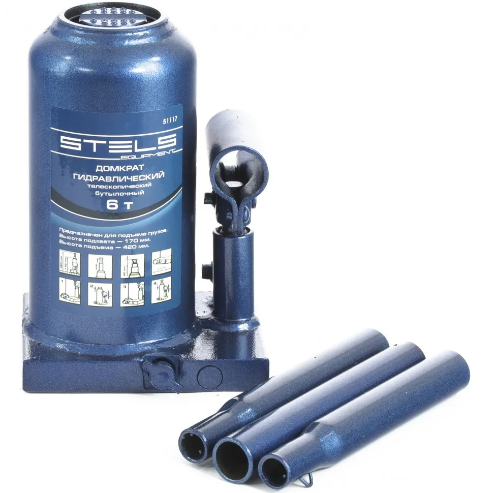 Домкрат гидравлический бутылочный телескопический, 6 т, H подъема 170-420 мм Stels